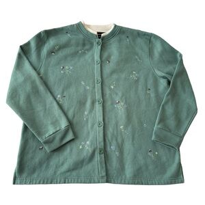 Bobbie Brooks green & cream floral crewneck button-up sweater women’s Sz XL